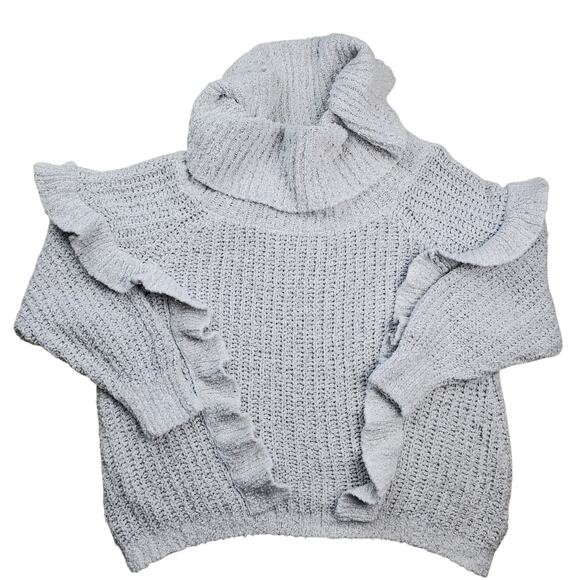EXPRESS Light Grey Cowl Neck Ruffled Sweater - Picture 1 of 10